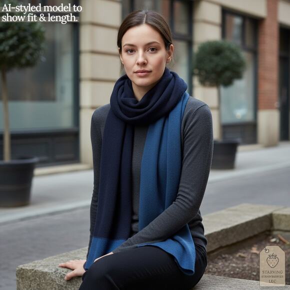 Navy Wool Blend Colorblock Scarf Wrap 21x75 - Picture 2 of 7